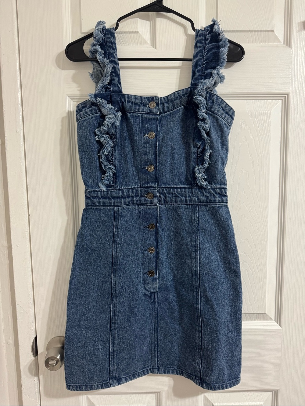 Denim Ruffle Strap Mini Dress in Blue